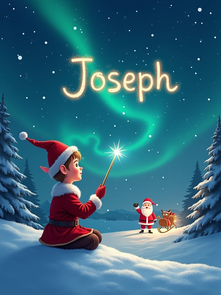 Snowy Christmas night. Santa appears in the distance. Traditional boy elf holds a magic wand. Elf spells the name 'Joseph' in the night sky. Northern lights shine beautifully. Snow covers the landscape. Elf faces the sky with wand ready. Background decorated with Christmas elements.