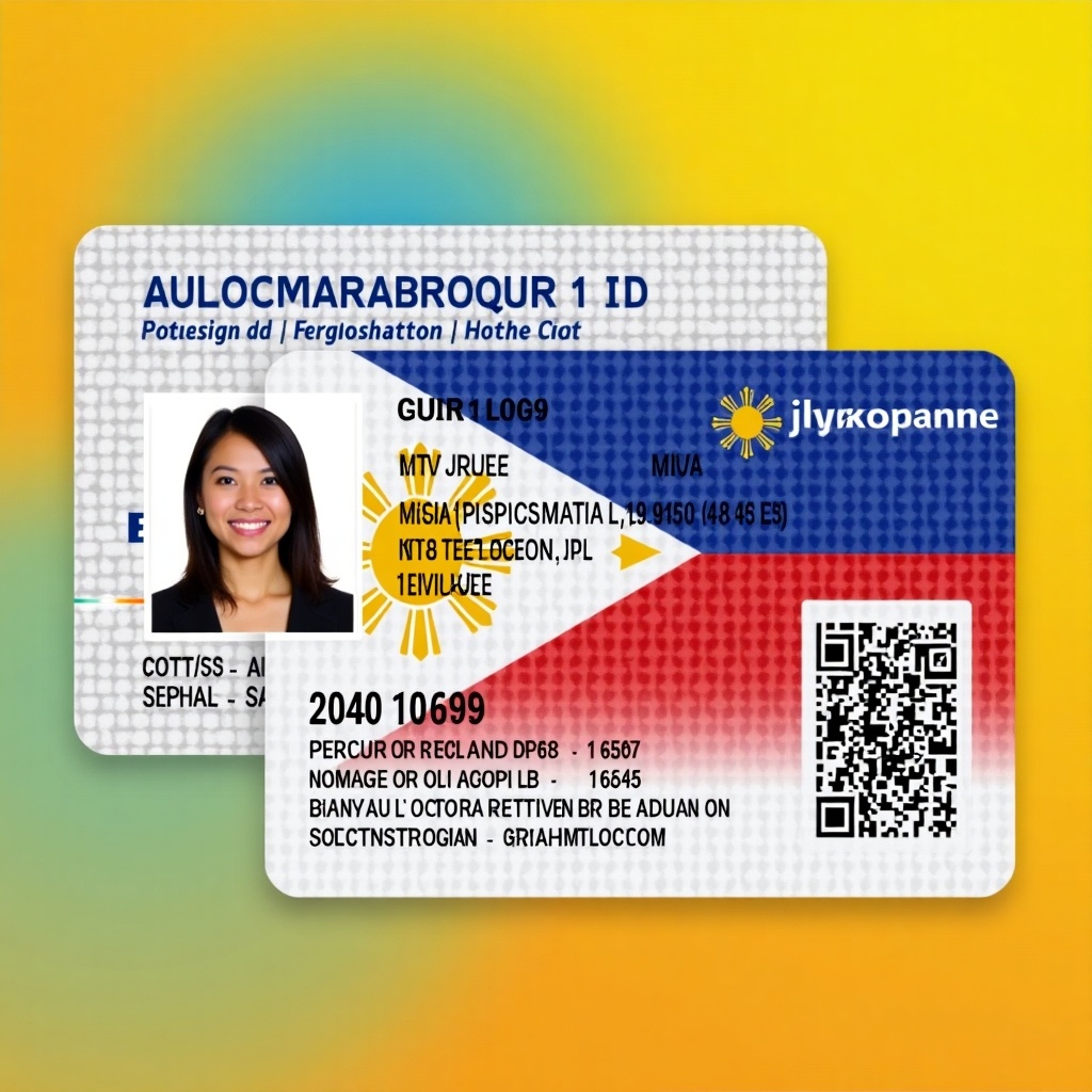 The image depicts a Philippine National ID card prominently showcasing the colors of the national flag. The ID features a portrait of an individual, centrally placed, emphasizing personal identification. It includes various identifying details such as a unique number and a QR code for easy verification. The design is professional, ensuring clarity in both text and graphical elements. The vibrant background colors symbolize national pride, and the overall look conveys a balance between modernity and formality.