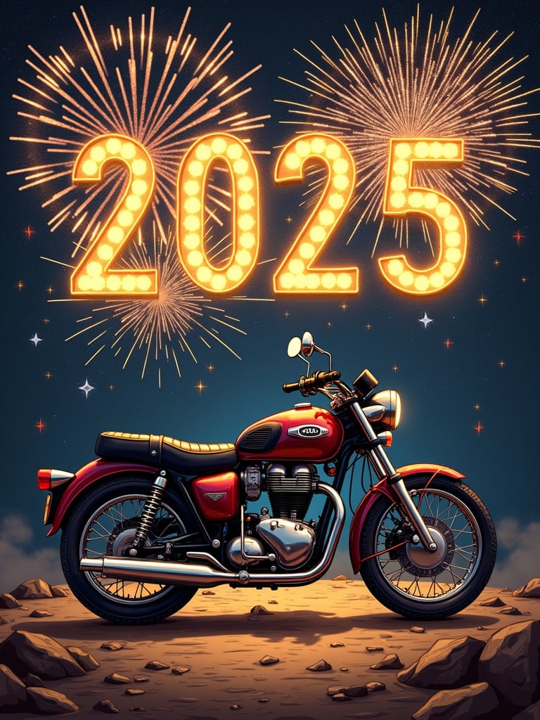 Create a new year celebration poster. Features a BSA Gold Star 650 motorcycle. Add bright fireworks in the background. Include the number 2025 in lights.