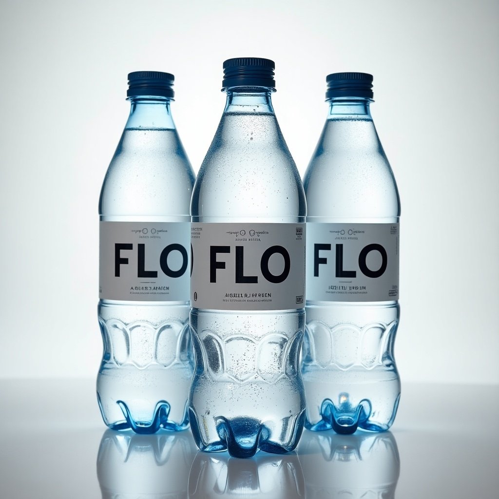 FLO mineral water brand displayed with three plastic bottles. The brand name is prominently featured in ITC Avant Garde Gothic Demi Bold font. Each bottle is filled with clear water and shows condensation. Background is bright enhancing product visibility.