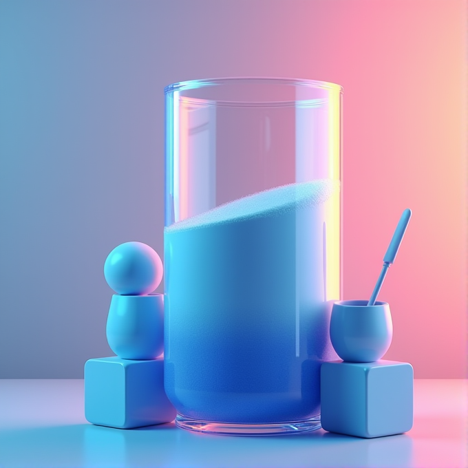 A large glass container partially filled with blue powder, flanked by geometric shapes and bathed in a soothing blue and pink light.