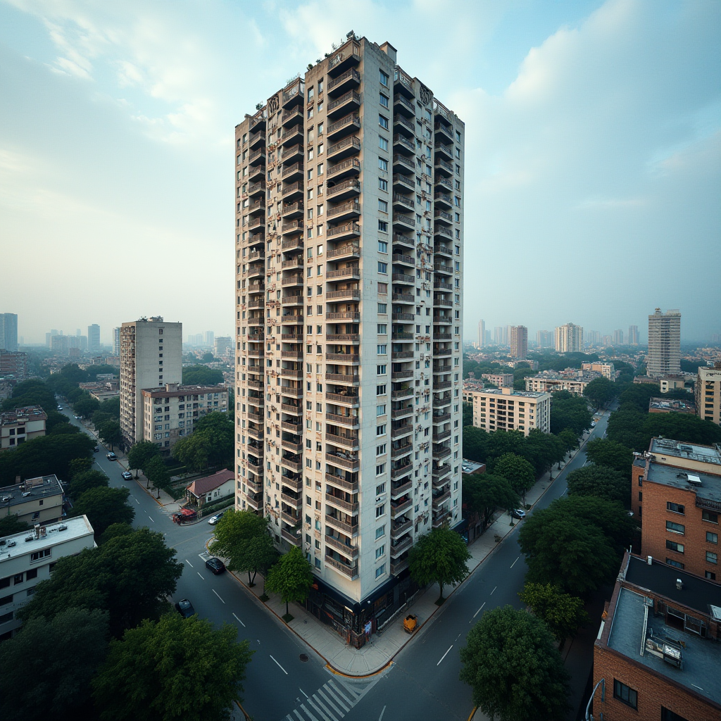 A tall residential building in a cityscape, surrounded by lush green trees and intersecting roads under a cloudy sky.