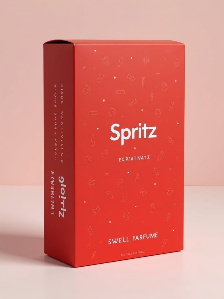 A standing box designed for perfume. Box has a vibrant red color with a random design. The word 'Spritz' prominently displayed on the front. The design is elegant and appealing.