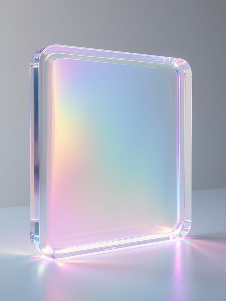 A holographic acrylic square with round edges displays an iridescent effect. Reflects colors of pastel rainbow on a white backdrop. Features an auto changing color capability. Represents futuristic design with aesthetic appeal.