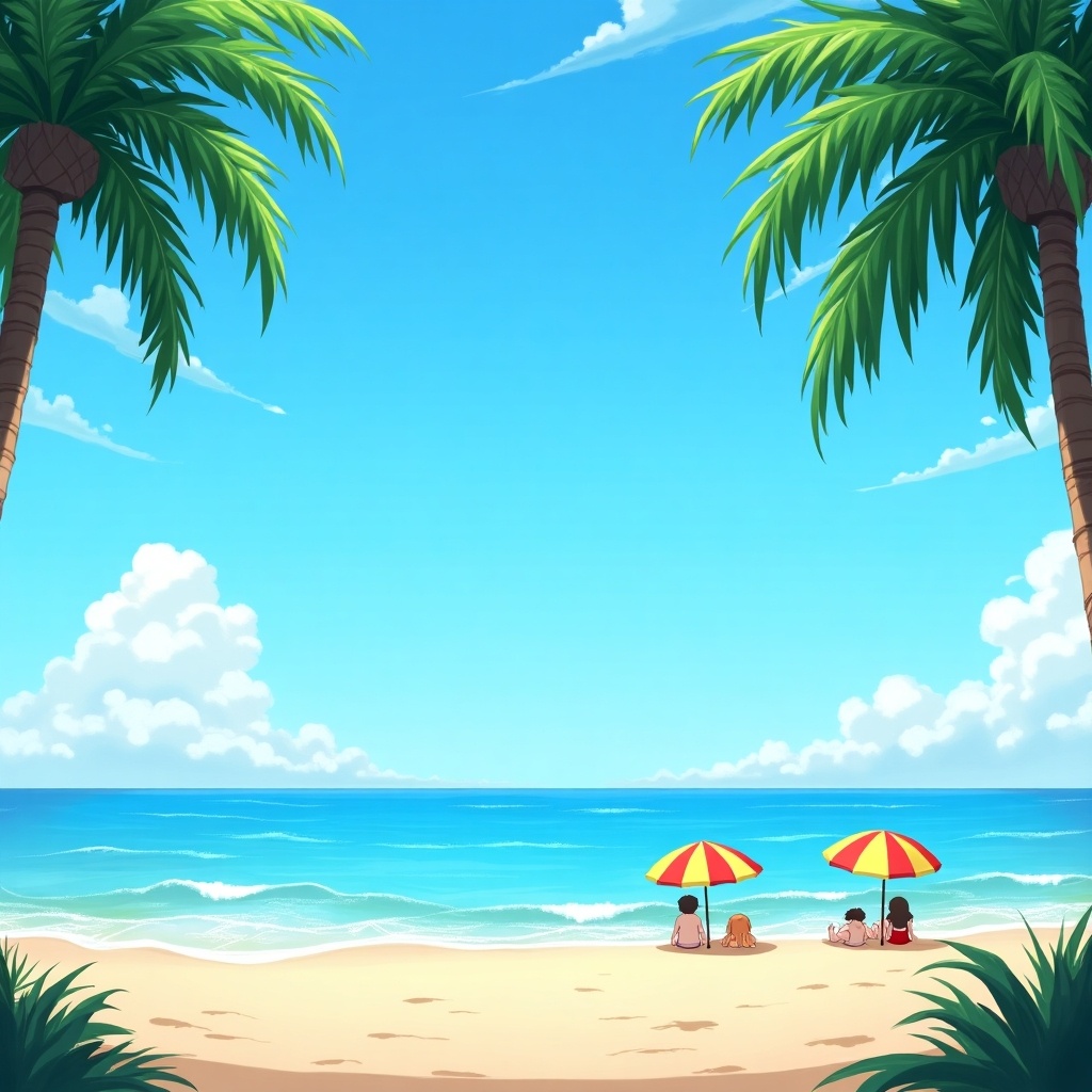 Anime art depicting a bright beach. Features palm trees, clear skies, and people relaxing with colorful sun umbrellas.