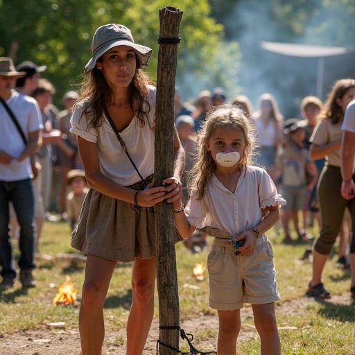 Mother ties daughter to pole at historical festival. Outdoor scene with branches and logs. Daughter wearing oversized pacifier. Other children tied to nearby poles. Fake fire burns underneath. Bright atmosphere filled with background people. Children pretending burned at the stake.