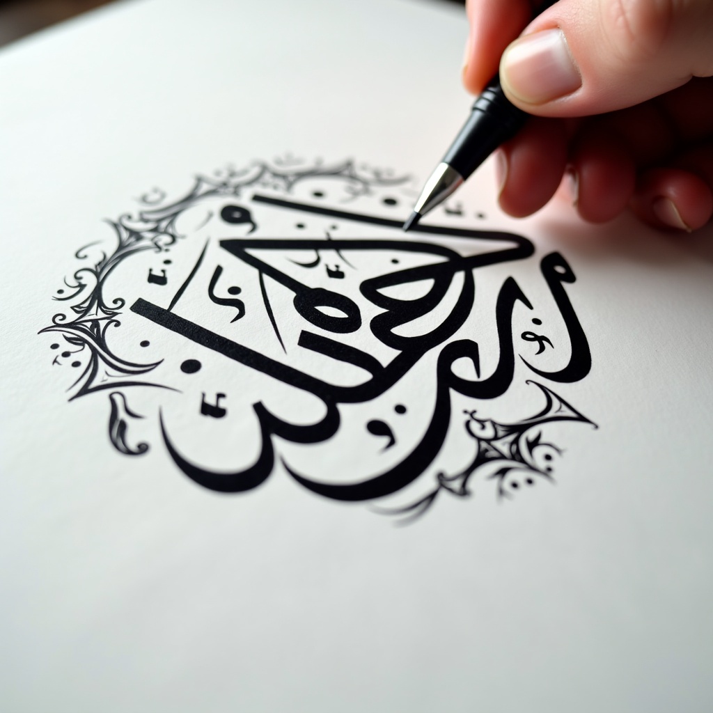 Close-up view of a hand writing Arabic calligraphy with a pen. Bold black ink is applied to white paper. The hand remains steady, focused on the letters. Surrounding designs complement the main calligraphy. Soft lighting enhances the ink strokes.