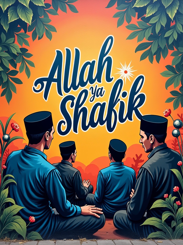 Vibrant mural features the text 'Allah Ya Shafiik' in an intricate style. Indonesian Muslim men wearing black peci hats sit calmly. Illustrations of cupping therapy pumps are depicted. The phrase 'Sehat dengan Bekam' is creatively added. Rich colors and dynamic textures enhance the composition.