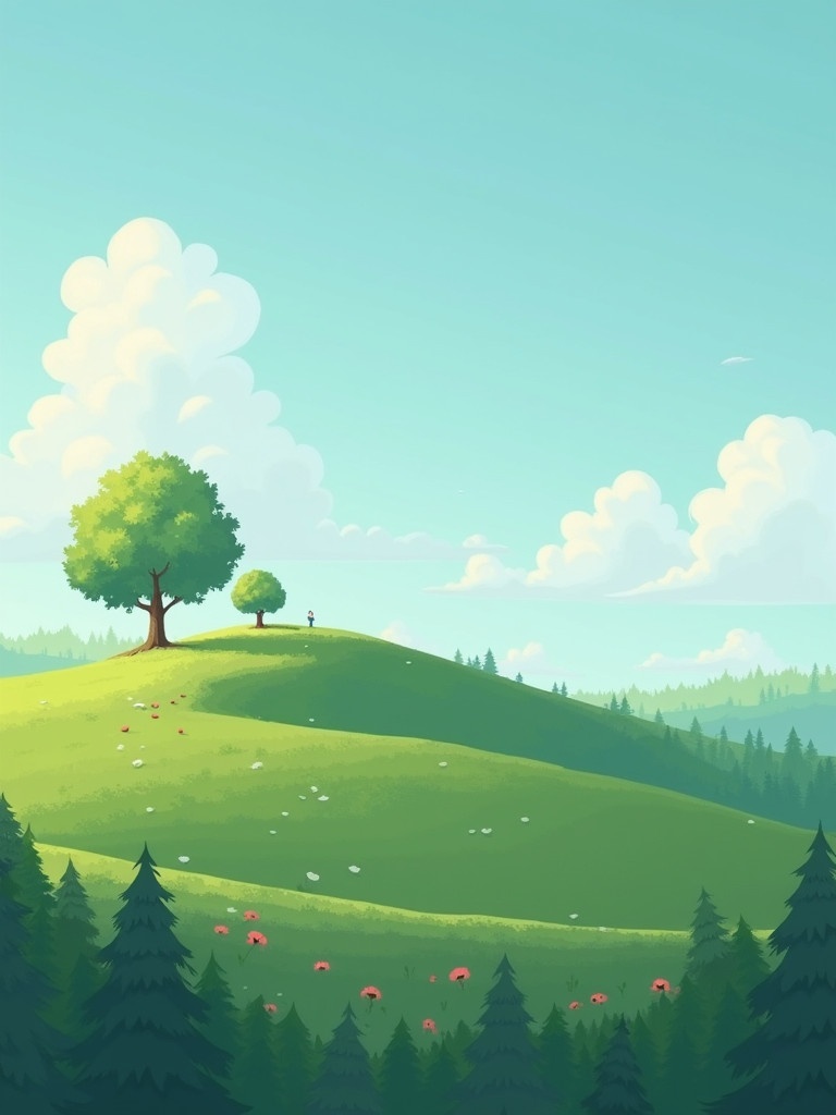 Visualize a peaceful natural scene. Small low hill with bright green grass. Single tree on top of the hill. Background features low-lying clouds. Bright blue sky. Lush green forest in the distance. Colorful flowers dotting the foreground.