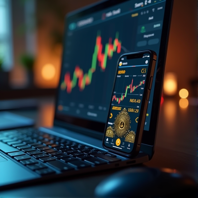 A phone displaying cryptocurrency charts is propped against a laptop showing financial graphs.