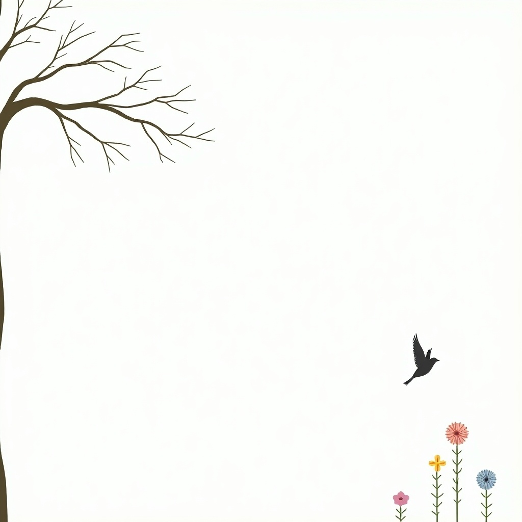 Image features a minimalist design with a tree on the left. Branches reach across. Colorful flowers on the right against a white background. Small bird is mid-flight, adding life to the scene.