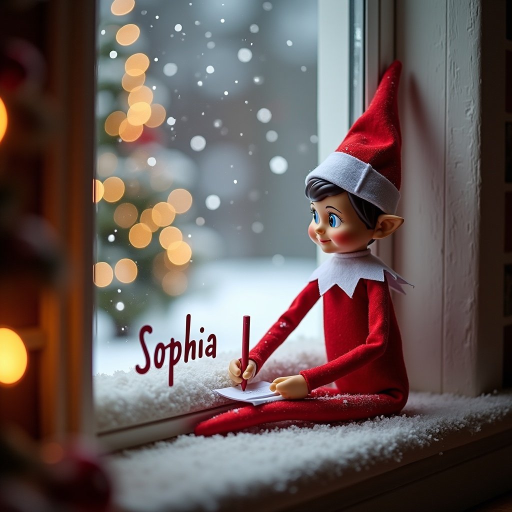 Picture of an elf doll at a window. Elf dressed in red and white outfit with pointed hat. Snowy scene outside with falling snowflakes. Tree lights twinkling. Elf writing on paper the name Sophia. Warm cozy lighting creating festive atmosphere.