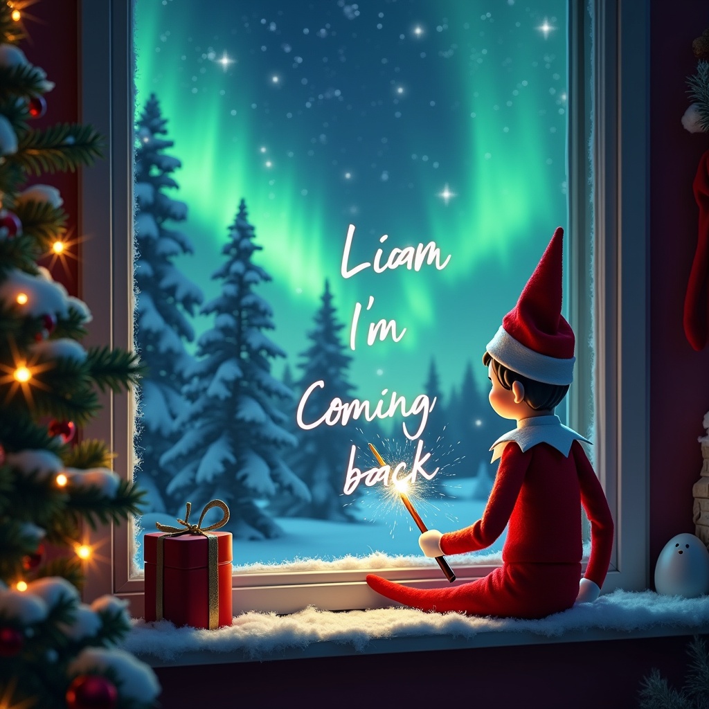 This image presents a charming holiday scene featuring an elf on the shelf. The elf has his back turned to the viewer and gazes out a frosty window. In the night sky, he is writing 'Liam I’m coming back,' using a wand. Outside, the enchanting Northern Lights create a magical backdrop. Beyond the window, snow-covered trees complete this winter wonderland. The cozy room is decorated for Christmas, emphasizing the festive spirit of the season.