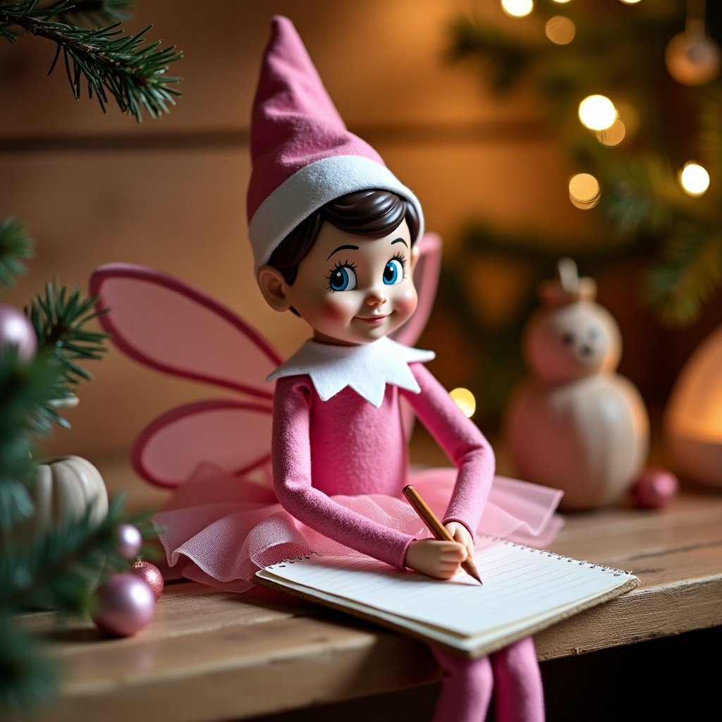 Pink elf on the shelf writing in a notebook. Doll has a fairy outfit with wings. Setting includes Christmas decorations. Warm, inviting atmosphere is portrayed.