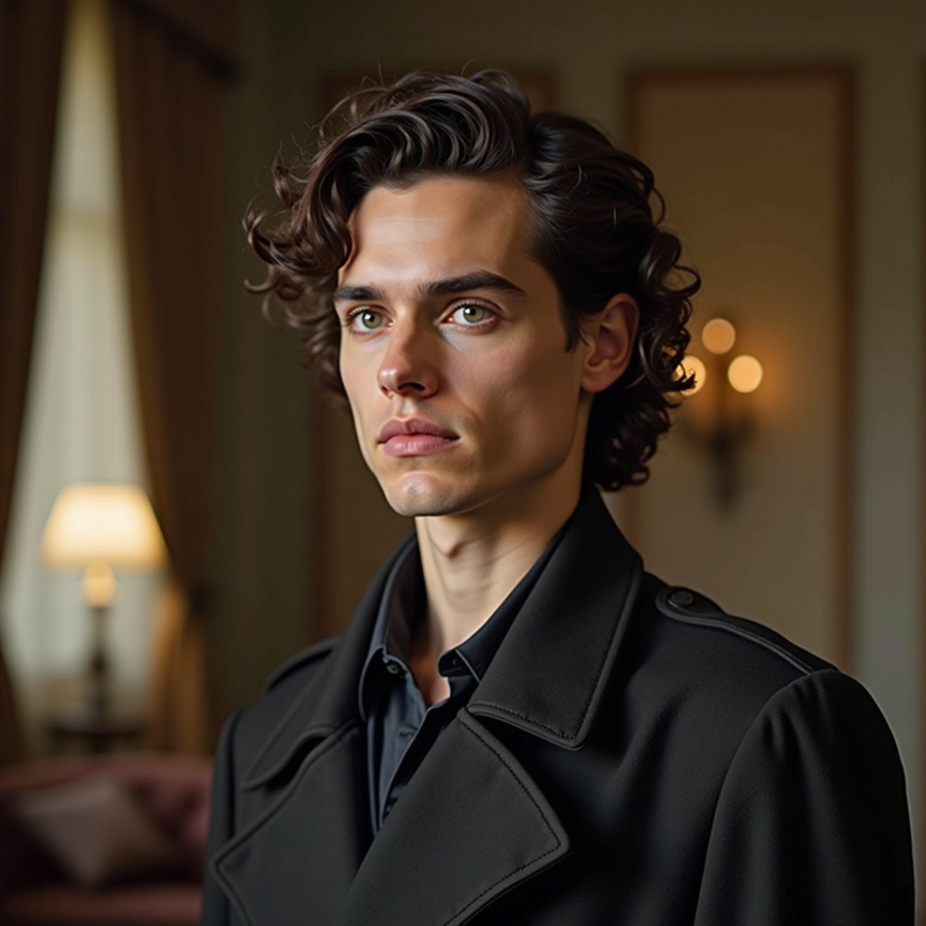 The image showcases a young man with curly hair and striking green eyes, dressed in a sophisticated black coat. He stands against a softly lit backdrop, giving an air of elegance and introspection. The warm lighting highlights his features, making him the center of attention. The gaze reflects a thoughtful demeanor, suggesting a narrative behind this candid moment. The overall atmosphere blends modern fashion with a classic portrait style.