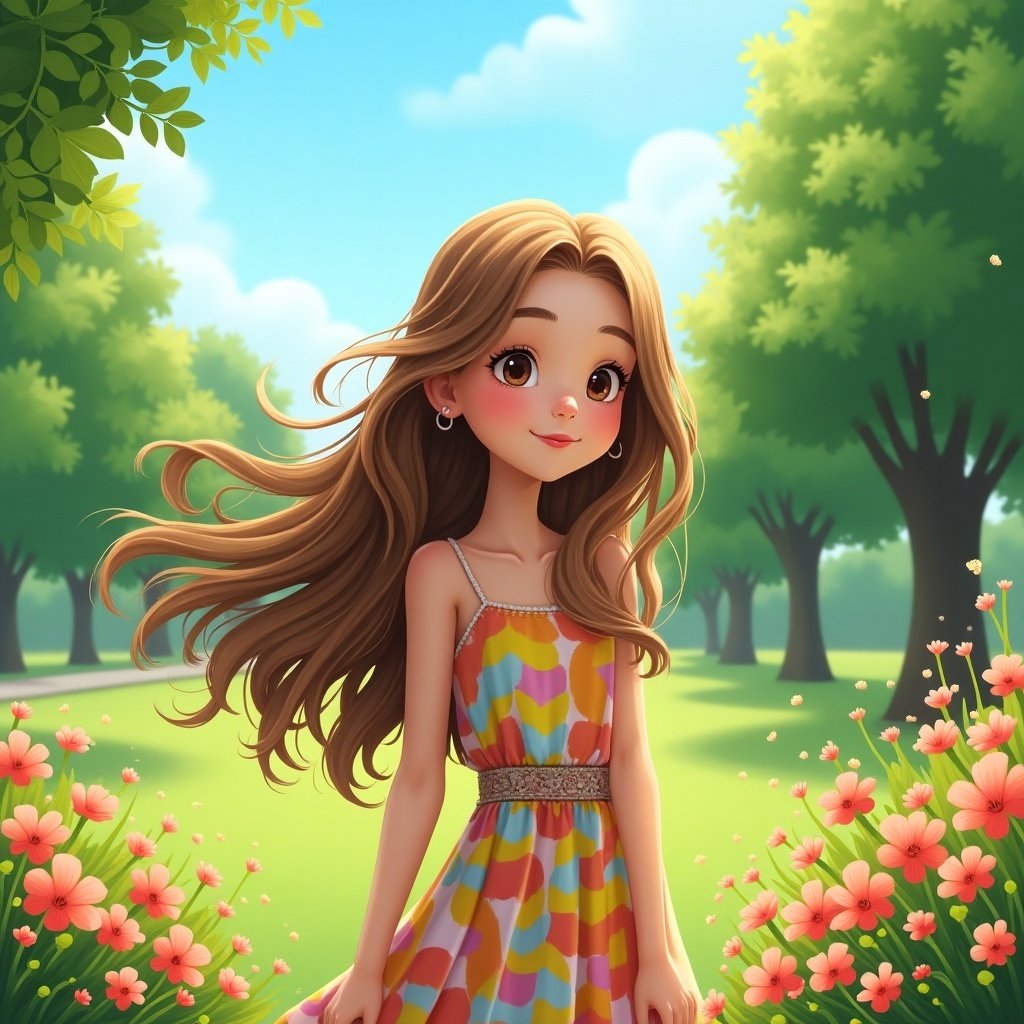 Young girl in a colorful dress standing in a garden with flowers and trees. She has long hair and a cheerful expression. Bright blue sky in the background.