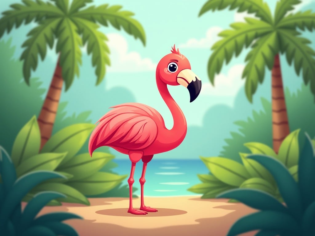 a cartoon flamingo in a tropical paradise by the beach, with palm trees and bright colors