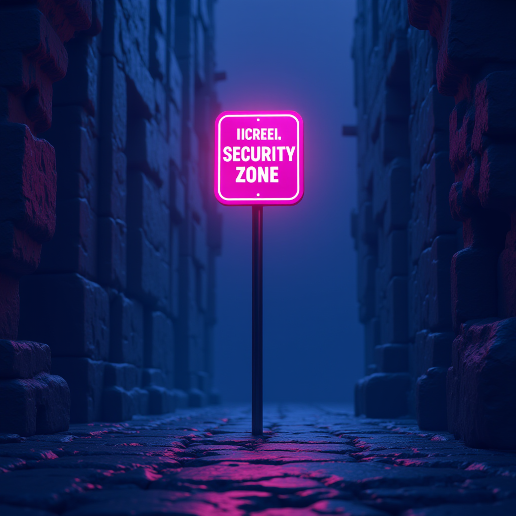 The image features a vibrant neon sign that reads 'SECURITY ZONE' placed in the middle of a narrow, alley-like path. The path is flanked by ancient stone walls, casting dark shadows and adding a sense of depth to the scene. The neon sign glows with a pink hue, creating a stark contrast against the bluish ambient lighting that bathes the entire area. The cobblestone pathway reflects both the neon and ambient light, adding texture and moodiness to the composition. Overall, the image evokes a blend of modern technology and ancient architecture, creating a mysterious atmosphere.