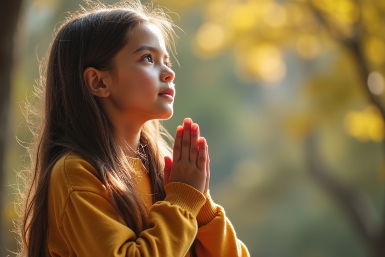 A girl is praying in a peaceful setting. Soft golden sunlight creates a serene atmosphere. Girl conveys a sense of hope and spirituality. Surrounded by nature with blurred background.