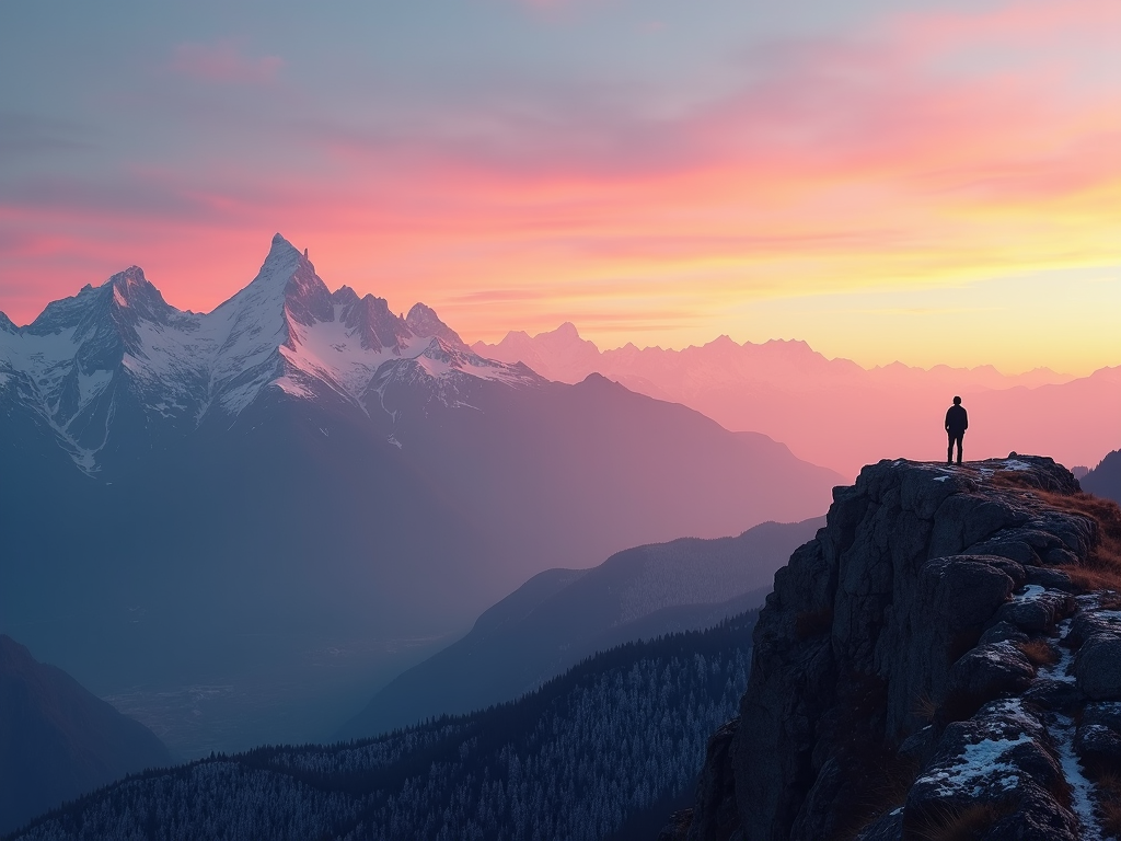 A lone figure stands on a cliff overlooking majestic, snow-capped mountains under a vibrant, pink and orange sunset sky.