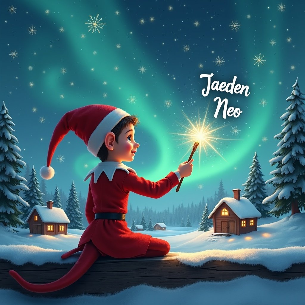 An elf sits on a wooden ledge. The elf is dressed in a red outfit with a pointed hat. The elf gazes at a magical sky. In its hand is a sparkling wand. The wand writes names in the stars. The background features a snowy landscape with houses and trees under the Northern Lights.