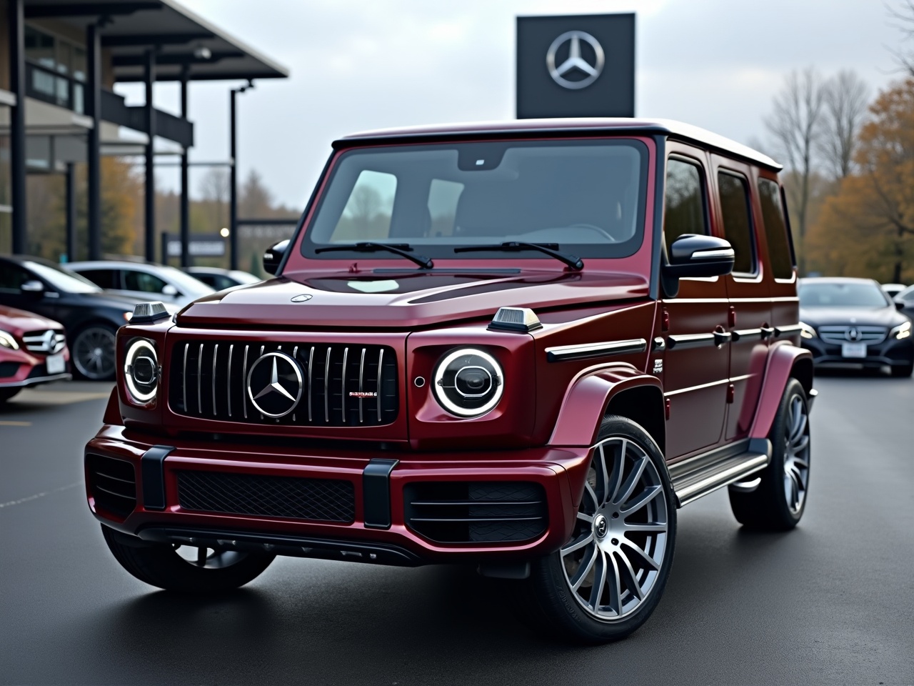 Photorealistic image of dark bordeaux 2023 Mercedes G63 AMG. Original silver wheels. No optical modifications. Night package with black elements. Black front grille with black Mercedes emblem. Parked at Mercedes dealership. Cloudy late afternoon with parked cars in the background.