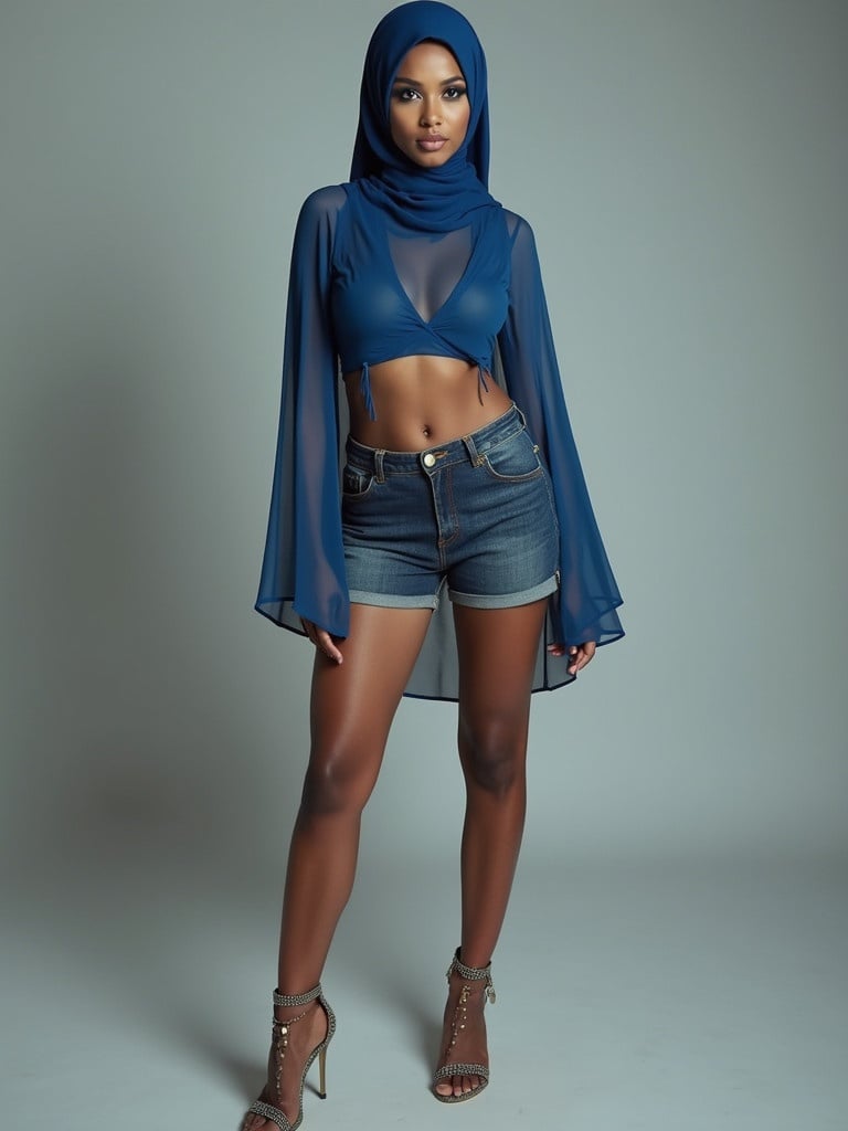 A woman in a stylish blue hijab. A blue top paired with denim shorts. She wears high heel sandals. Body posture confident and relaxed.