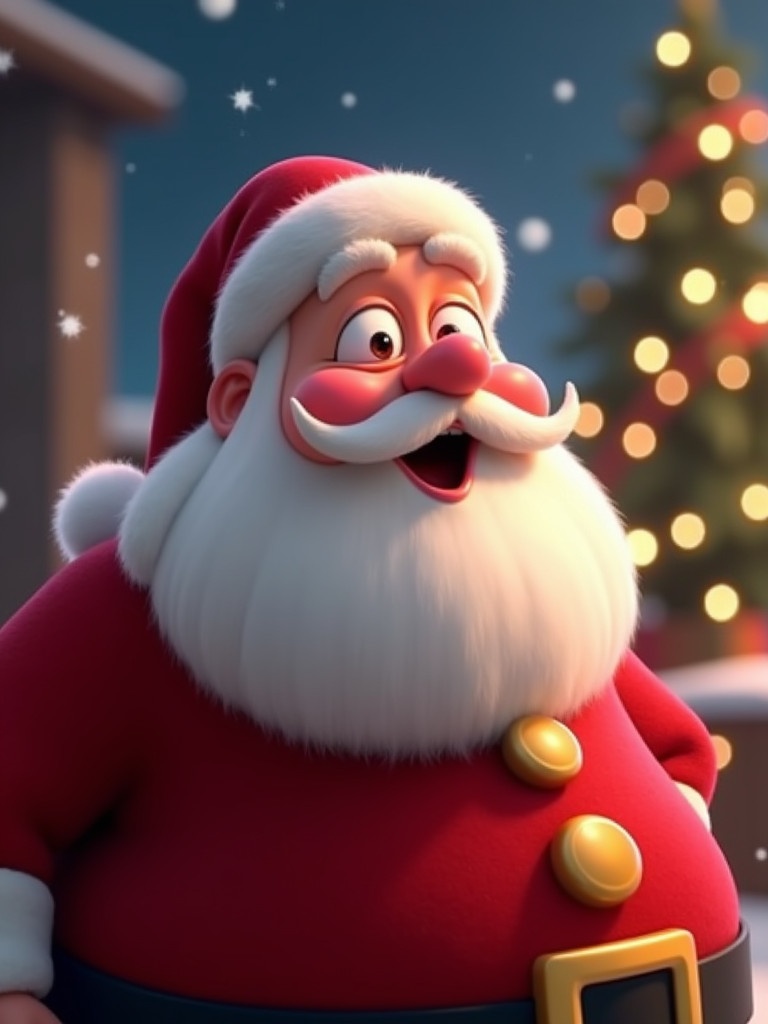 Animated Santa Claus character performs a playful kissing motion leaning forward. Exaggerated puckered lips. Rosy cheeks glow with holiday spirit. Background has twinkling Christmas lights and softly falling snowflakes with a glowing Christmas tree. Classic red suit enhances Santa's charm. Smooth animation highlights joyful kissing action.