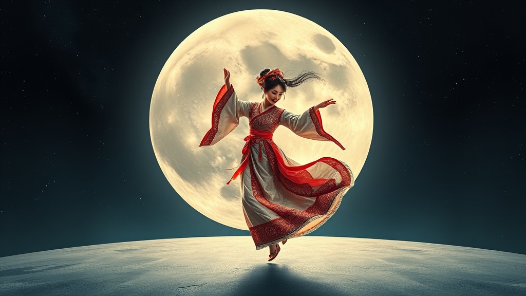 A graceful dancer in a traditional costume twirls elegantly in front of a luminous full moon.