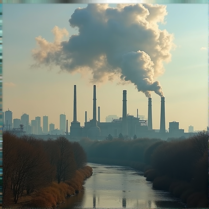 A factory with tall chimneys emitting smoke is situated near a river, against the backdrop of a city skyline.