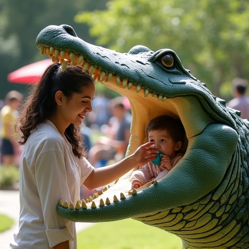 A scene featuring a mother and her child having fun in a vibrant park holding an oversized pacifier while being playfully placed into an open alligator mouth. The setting is bright and filled with people enjoying outdoor activities.