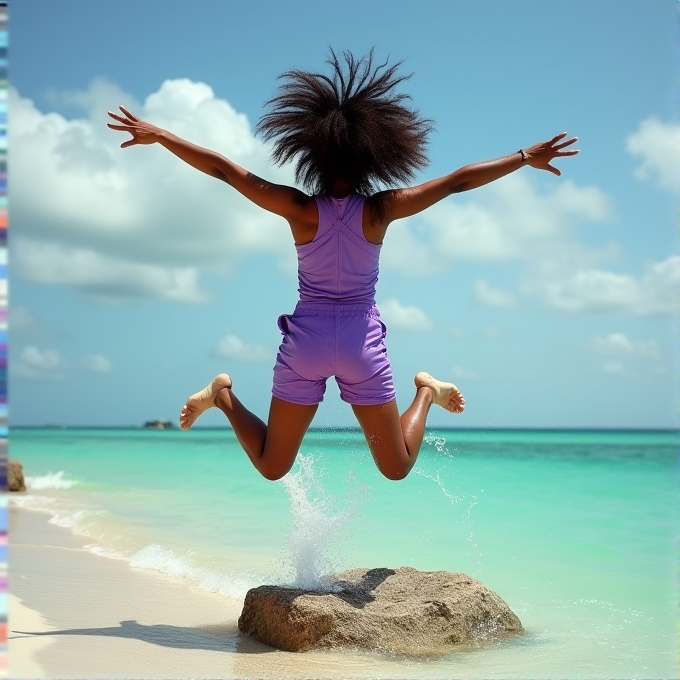 A person in vibrant lavender activewear joyfully jumps from a rock on a sunny beach, with turquoise waves splashing below and fluffy clouds in the sky.