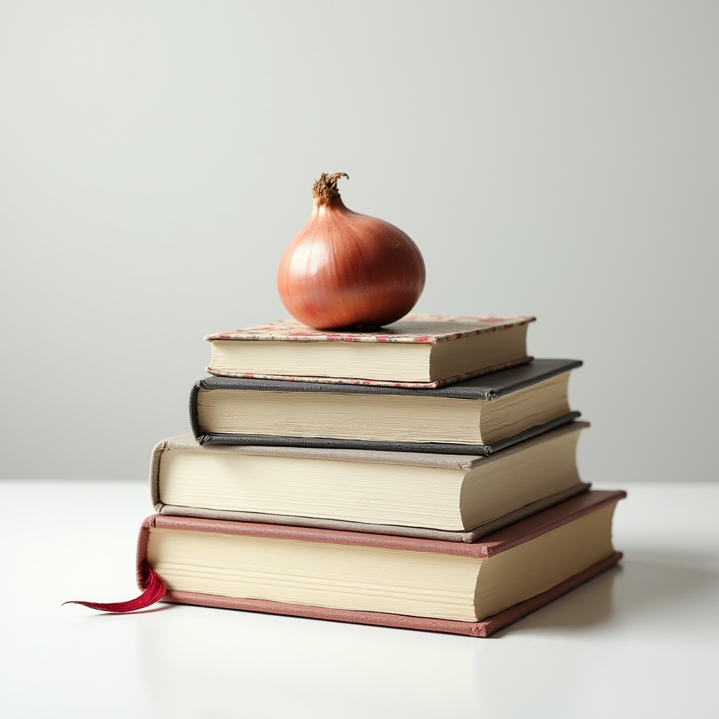 An onion placed atop a stack of hardcover books symbolizes the layers of knowledge.