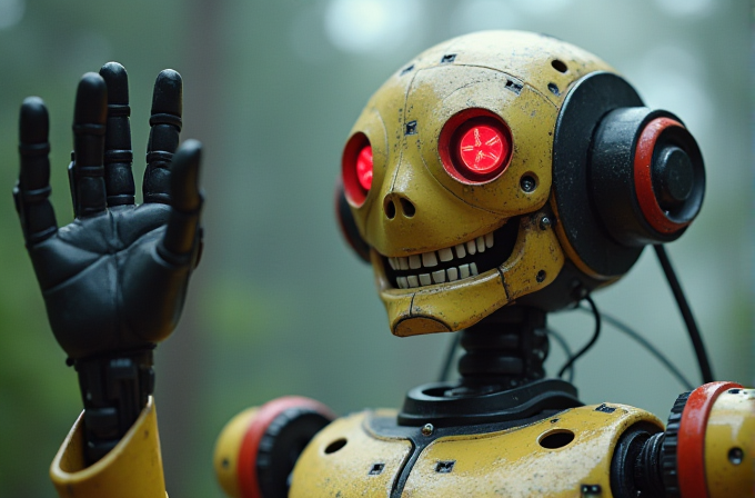 A yellow robot with red glowing eyes waves hello in a foggy forest background.