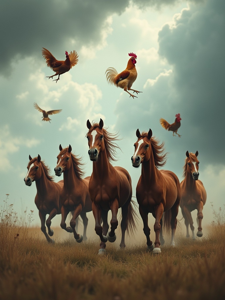 Five strong ponies run together under a stormy sky. Chickens fly above them. A dramatic scene shows the power of nature. The horses are brown with flowing manes. The atmosphere feels energetic and exciting.