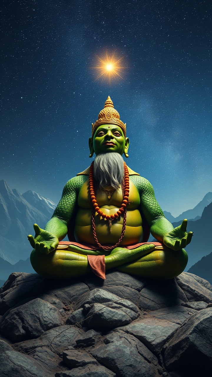 A vividly colored figure with a green skin tone sits serenely in a meditative pose on a rocky mountaintop. With a golden crown and a star-like light glowing above its head, the figure exudes an aura of mysticism against a starry night sky. The scene blends elements of spirituality and fantasy, creating a sense of peace and cosmic connection.