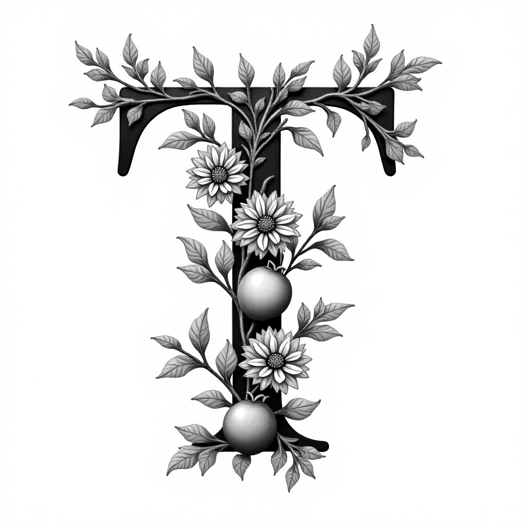 Illuminated letter T designed with flowers and fruit in black and white.