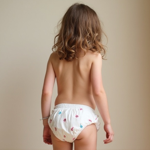 A young girl is seen from behind wearing a diaper. She has curly hair. The background is simple and neutral. The diaper is adorned with flowers.