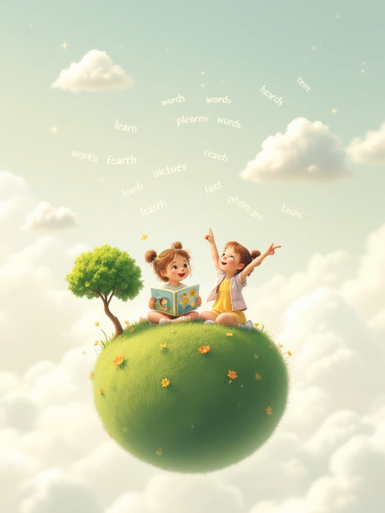 Two 4-year-old girls on a tiny planet. One girl holds a picture book. The other girl points at the sky. Words float around them. The planet is lush with a single tree and small flowers. Clouds drift above in a pastel sky.