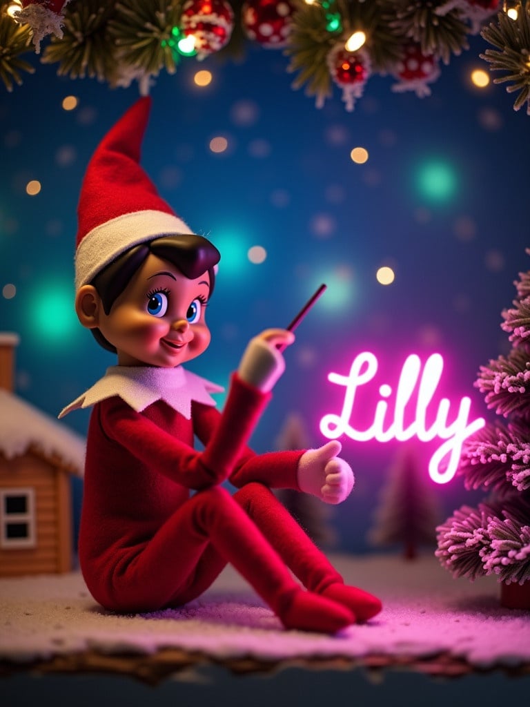 An enchanting Christmas scene showcases an elf on the shelf. The elf is dressed in red and white and wields a magic wand. The elf writes Lilly in pink glowing script. The background features vibrant northern lights. The scene creates a festive mood representing the spirit of Christmas. A log cabin decorates the setting adding to the holiday atmosphere.