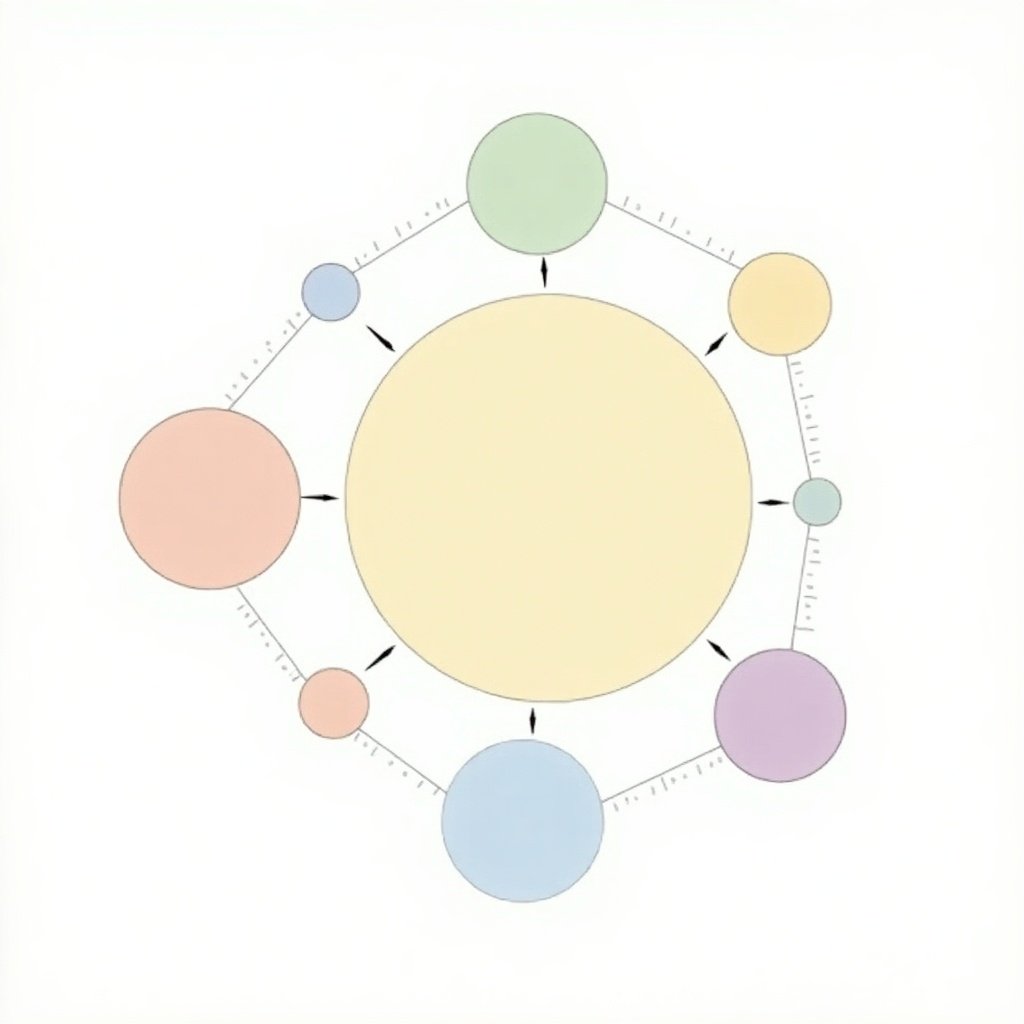 Diagram represents layout of a 2BHK flat. Central large bubble indicates main living area. Surrounding smaller bubbles represent bedrooms and other rooms. Connecting arrows denote relationships between spaces.