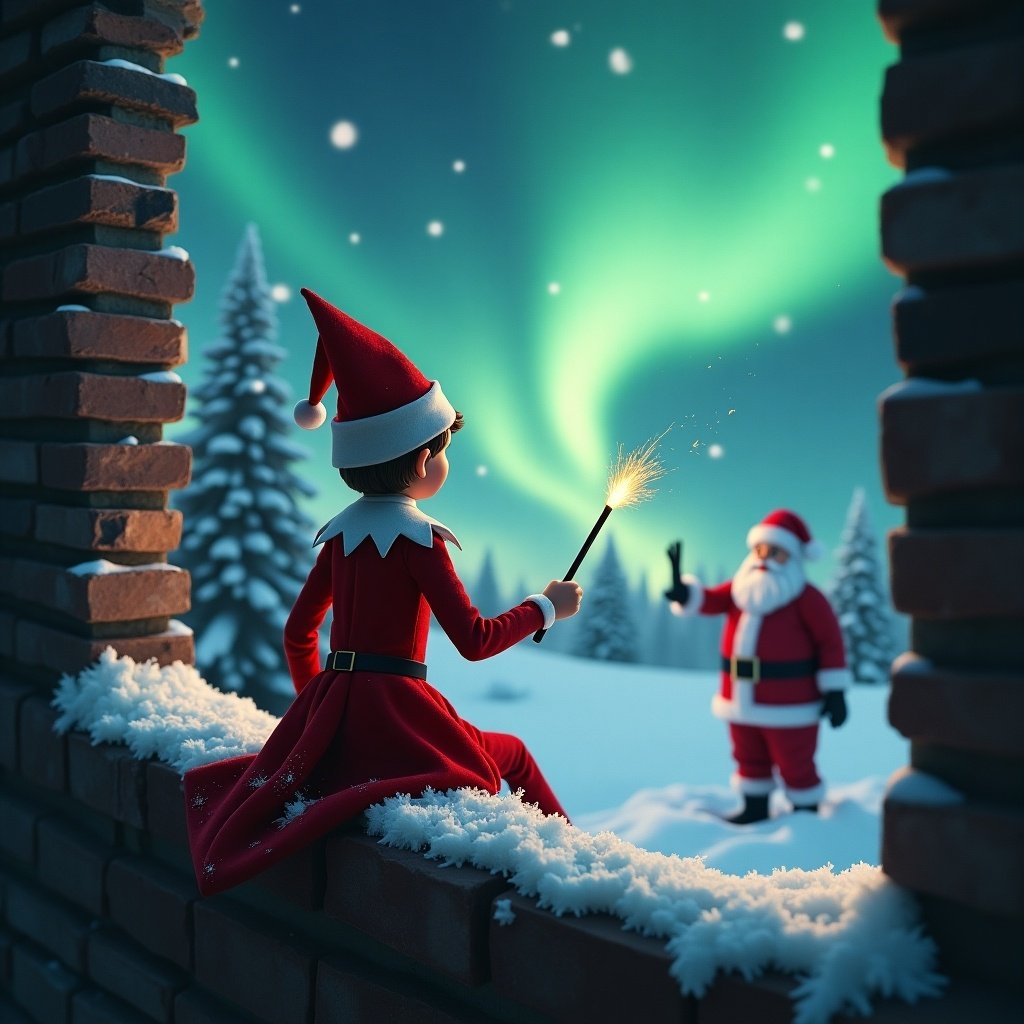 The image shows an elf on the shelf sitting on a snowy windowsill with his back facing the viewer. He is using a magical wand to write in the sky while looking up at the vibrant northern lights. Outside, there's a snowy landscape and a cheerful Santa Claus in the background. The scene is adorned with pine trees and a magical Christmas atmosphere, evoking feelings of wonder and joy. The colors are vibrant and festive, perfect for the holiday season.