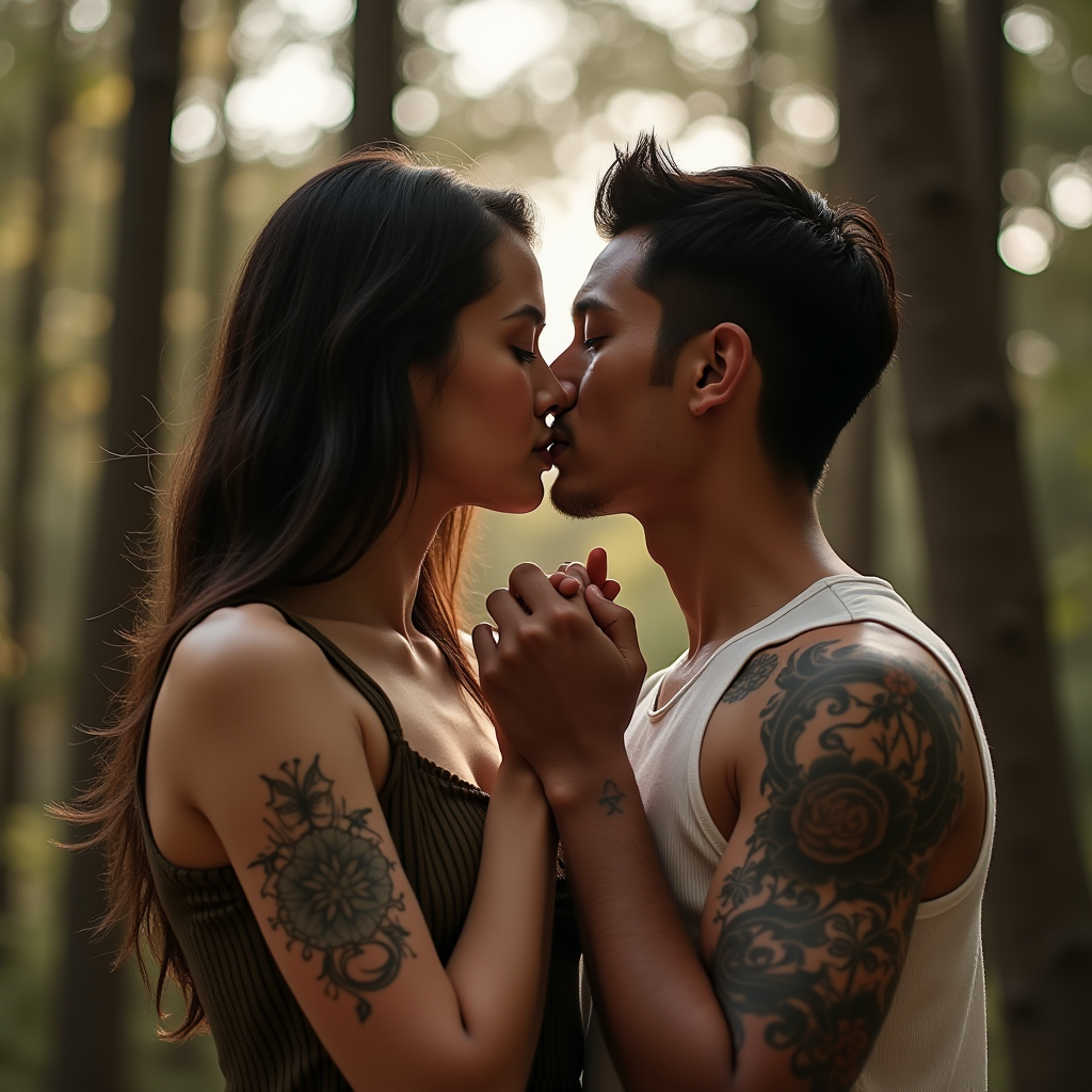 A couple kisses tenderly, holding hands amid tall trees in a forest.