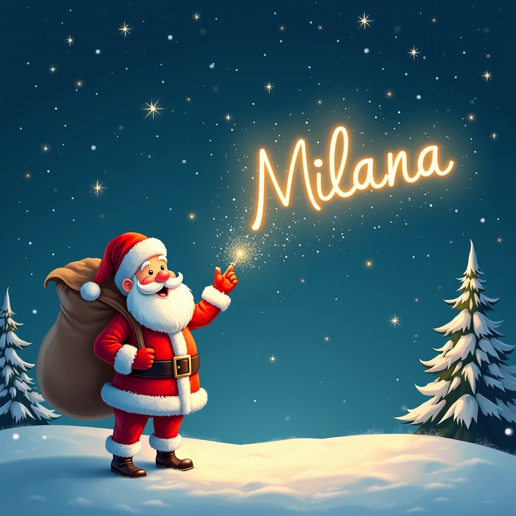 A cheerful Santa Claus stands in a snowy landscape, creating a festive scene. He writes the name 'Milana' in the night sky with a magical light. Dressed in a traditional red suit with white trim, he carries a large sack on his back. The background features a starry night filled with sparkling stars. Snowflakes gently fall, enhancing the warm and joyful atmosphere. Pine trees dot the landscape, adding to the winter wonderland feel, making it inviting and joyful during the holiday season.