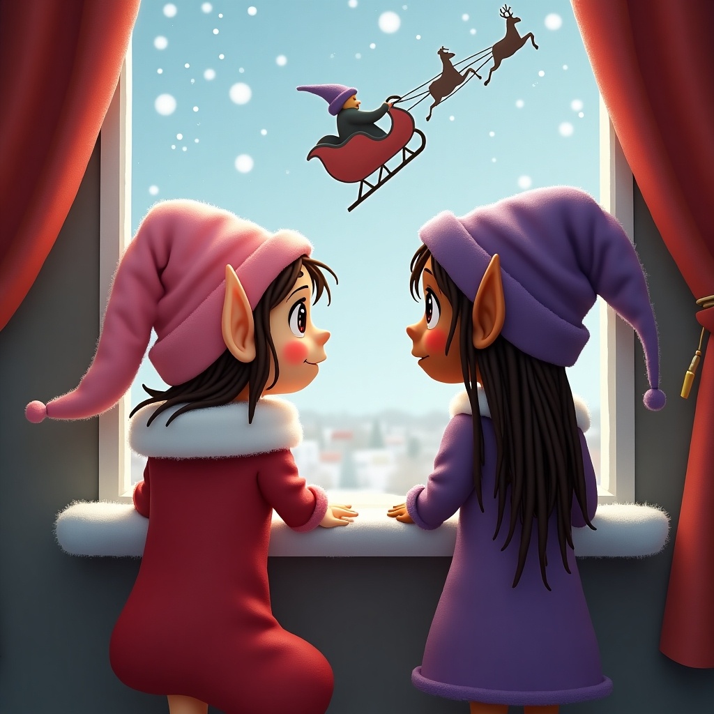 Two cute elf girls with pointed ears are looking out of a window during Christmas. One elf has brown hair and a pink outfit. The other has long dreadlocks wearing a purple outfit. Santa Claus in a sleigh is flying in the sky.