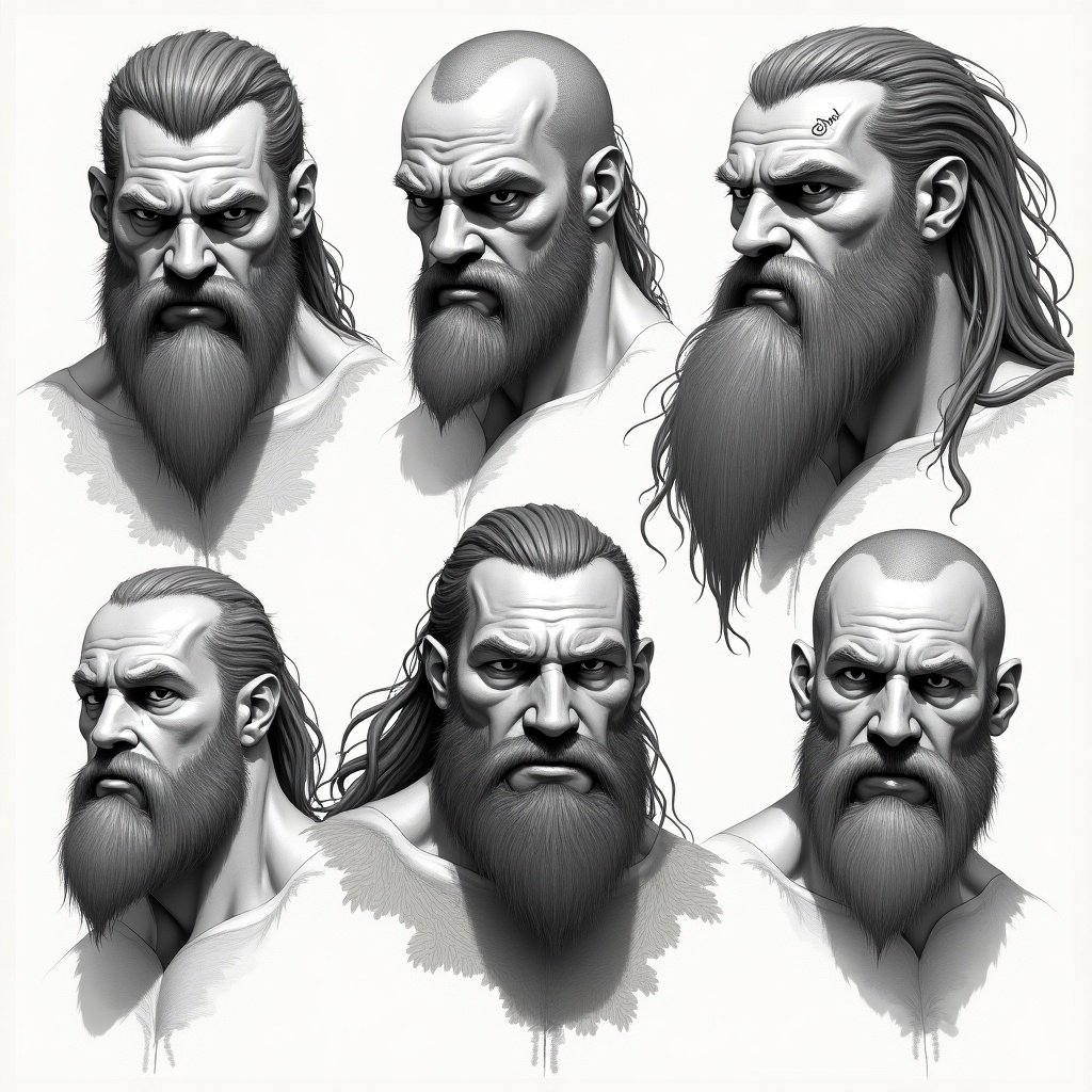 Collection of six barbarian face portraits in a monochrome style. Each face shows different hairstyles and expressions. Strong facial features with prominent beards. Suitable for fantasy art and character concepts.