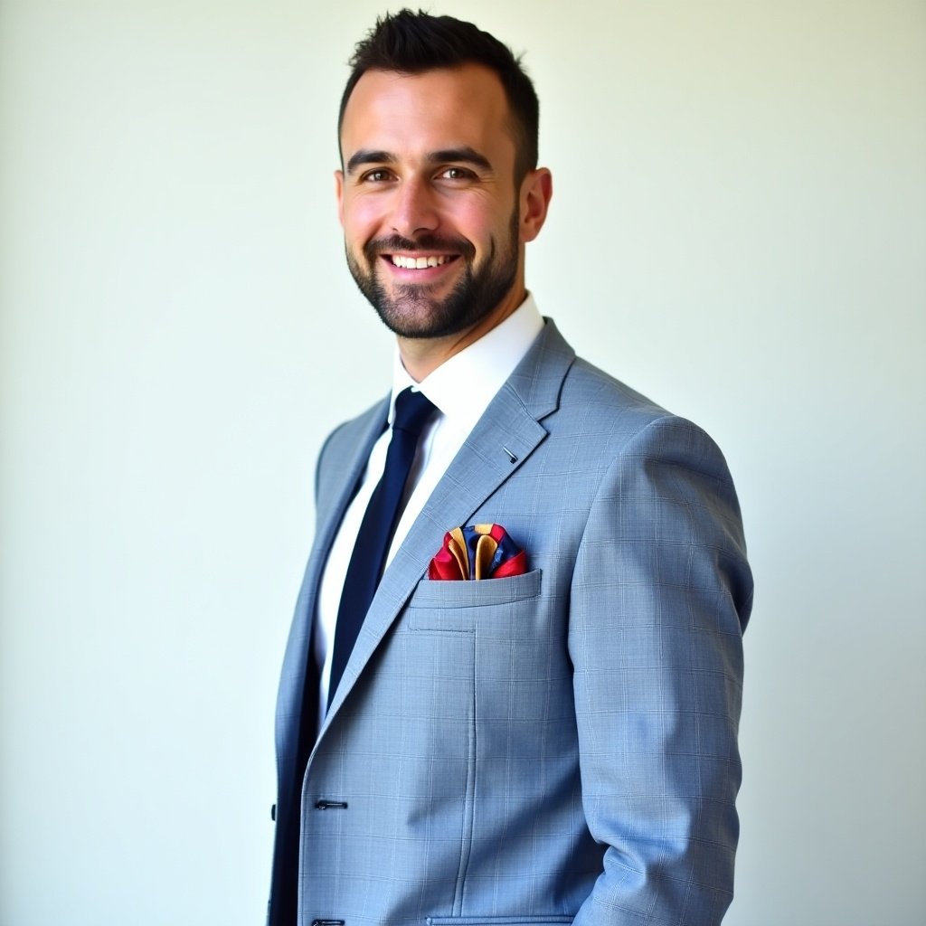 Man standing against a light-colored background. Stylish light blue checked blazer with notch lapel. Crisp white shirt with dark tie. Colorful pocket square in blazer pocket. Short hair and well-groomed beard. Confident smile, arms relaxed at sides.