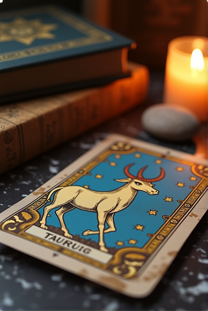 A tarot card with a bull illustration is placed on a dark speckled surface, accompanied by stacked books and a softly glowing candle in the background.