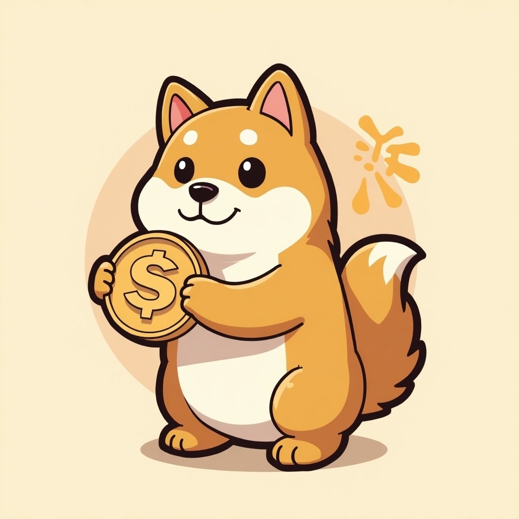 Shiba Inu styled as an animated character representing a meme coin. Design emphasizes cuteness with a gold coin.