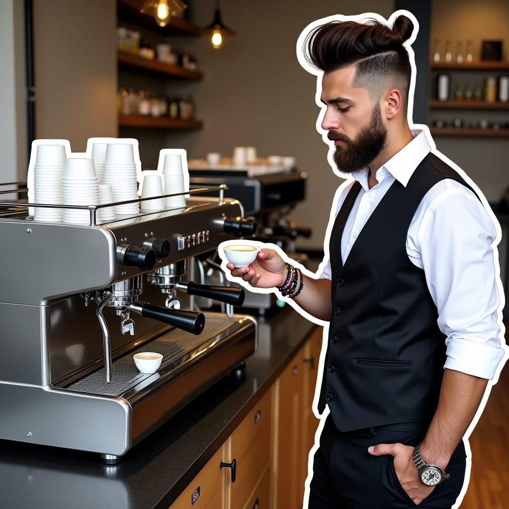 Stylish barista in modern coffee shop setting. Barista holds espresso cup. Dressed in white shirt and black vest. Sleek espresso machine in front. Industrial style interior. Wooden floor and warm lighting.